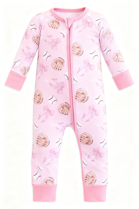 C12.4 LR2967 Baby Girls Pink Hats Baseballs Team Two Way Zip Convertible Rompers Preorder