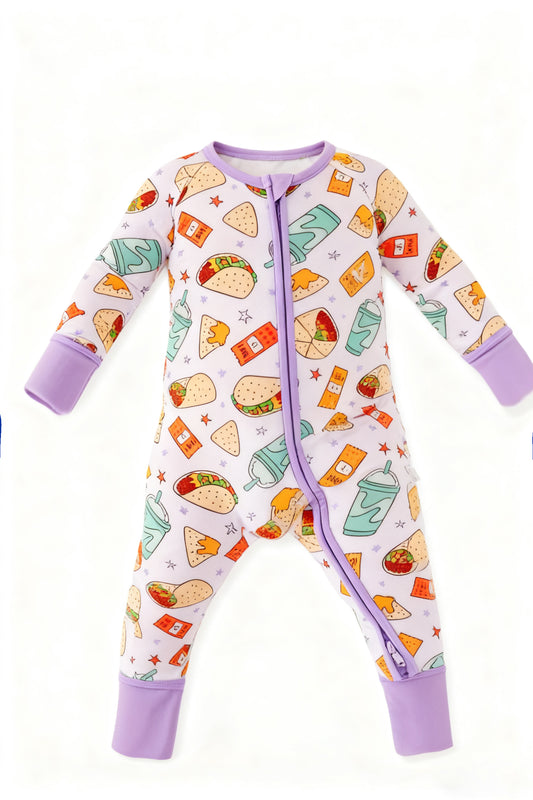 C12.4 LR2968 Baby Girls Hamburgers Drinks Two Way Zip Convertible Rompers Preorder