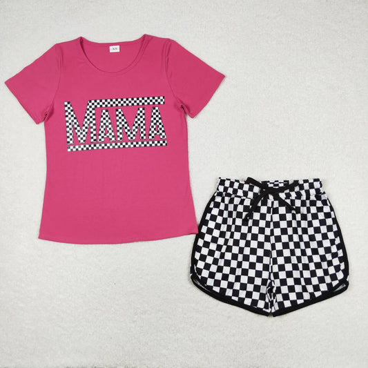 GT0574+SS0279  Adult offset mama rose short sleeve top Black and white plaid lace-up shorts Set