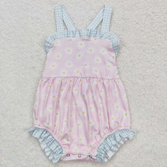 SR1182 Little Daisy flowers check lace pink tank top onesie