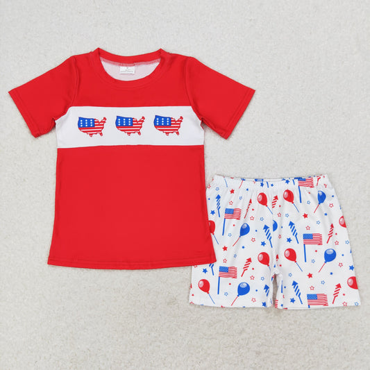 BSSO0633 4th of July American flag red short sleeve balloon star fireworks white shorts suit