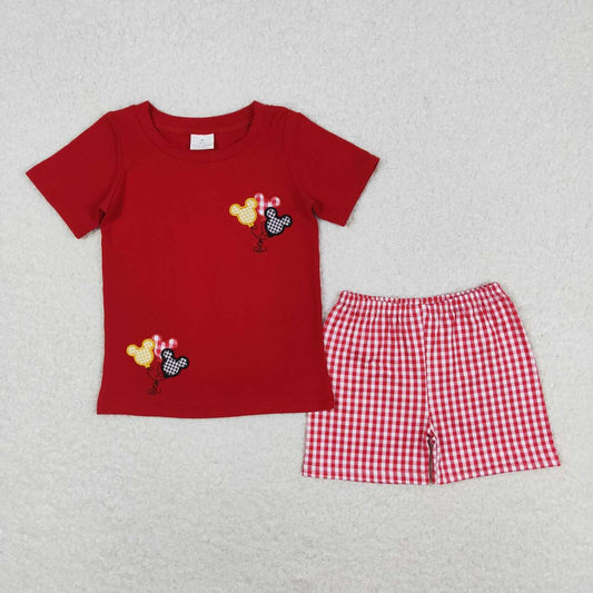 BSSO0652 Embroidered cartoon balloon red short-sleeved plaid shorts set