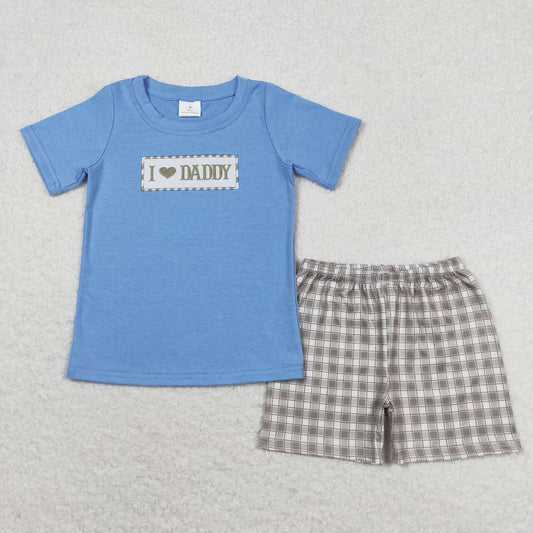BSSO0640 I love daddy Embroidered letter blue short sleeve green plaid shorts set