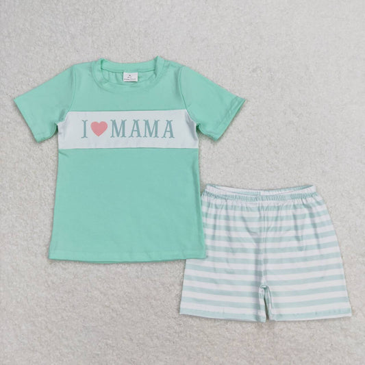 BSSO0751 I love mama letter teal short sleeve striped shorts suit