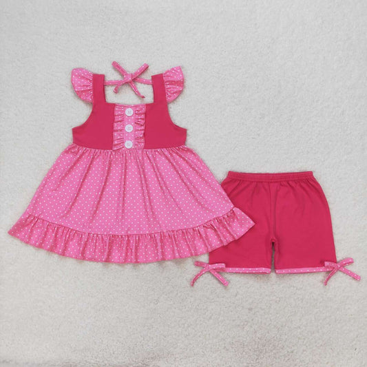 GSSO0974 Polka dot rose-colored flying sleeve shorts suit