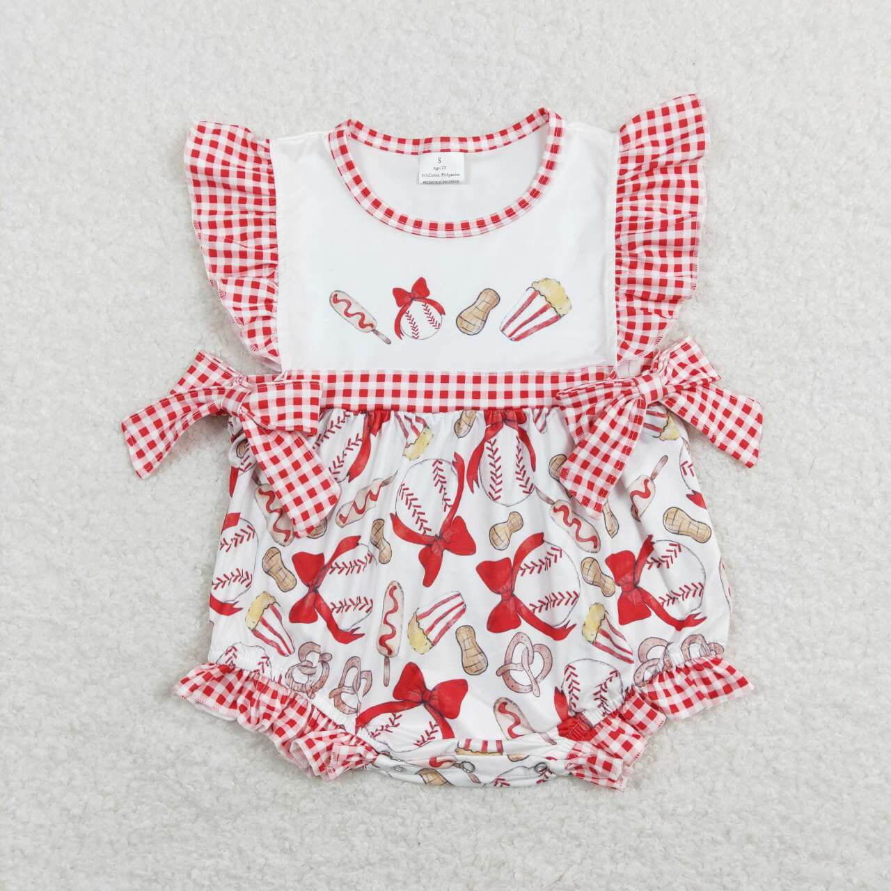 SR0848 bowknot baseball peanut popcorn red and white plaid bowknot vest jumpsuit