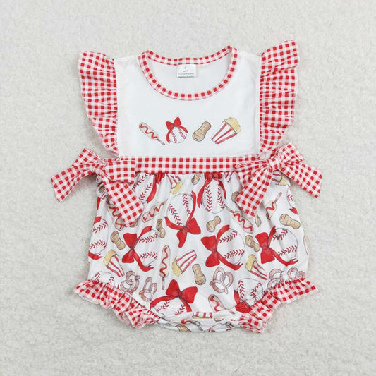 SR0848 bowknot baseball peanut popcorn red and white plaid bowknot vest jumpsuit