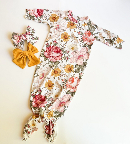 NB0037Baby Newborn Girls Spring Flowers Long Sleeve Gowns preorder