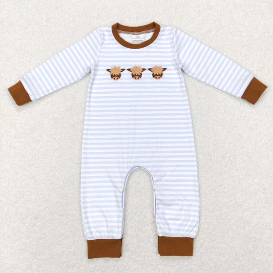 LR0723 Embroidered bullhead blue and white striped long sleeve onesie
