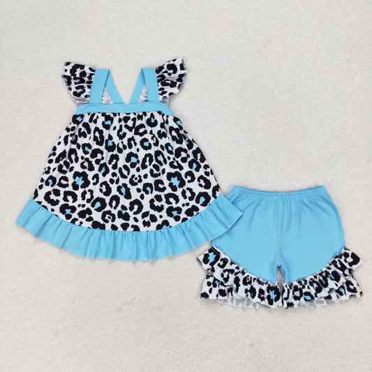 GSSO0878 Blue and black leopard print lace flying sleeve shorts suit