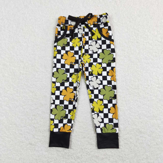 P0402 four-leaf clover black and white plaid trousers