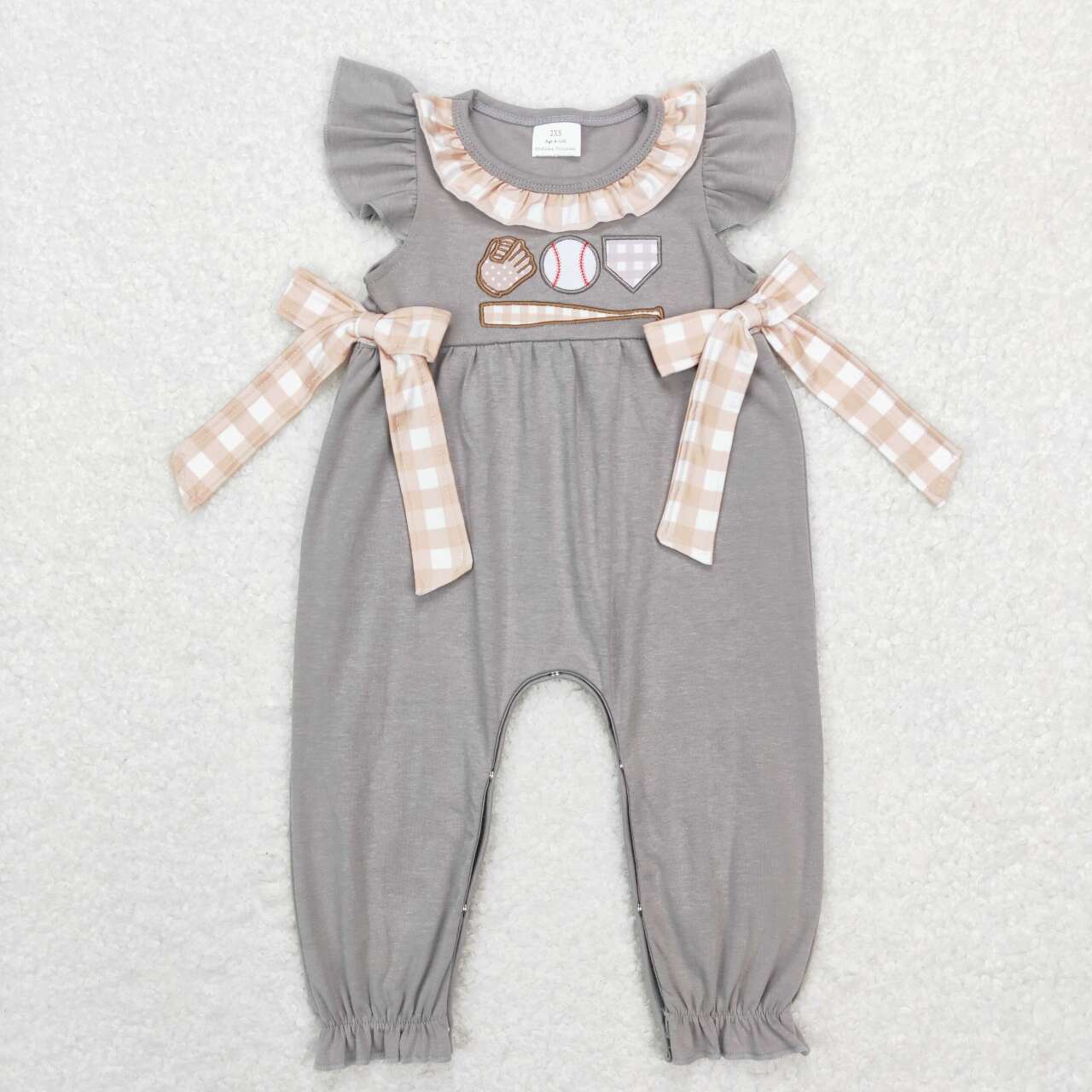 SR0613 Embroidered baseball glove Brown and white checkered bow lace Grey short-sleeved onesie