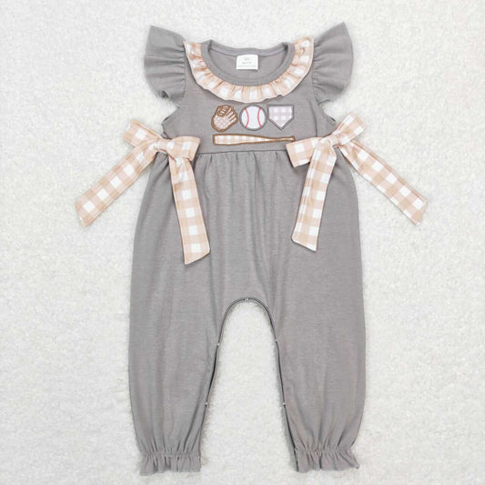 SR0613 Embroidered baseball glove Brown and white checkered bow lace Grey short-sleeved onesie