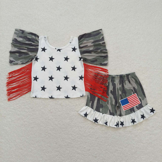 GSSO0918 National Day Stars Camo Lace sleeve shorts set