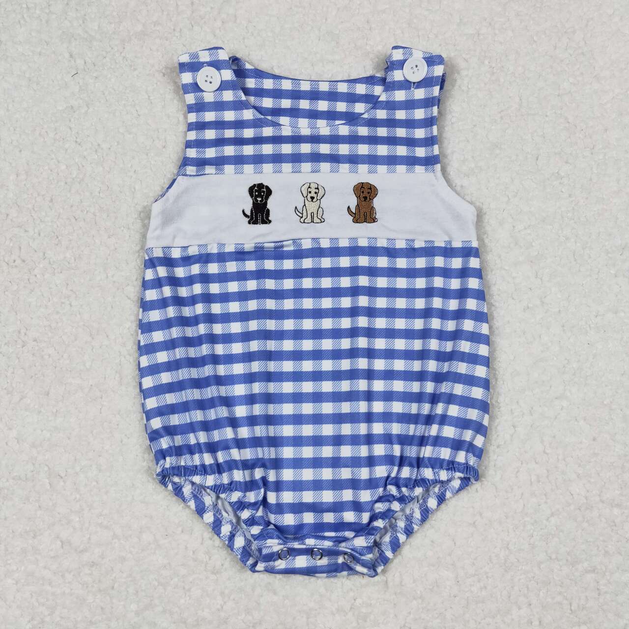 SR1048 Embroidered three puppy blue and white plaid vest jumpsuit