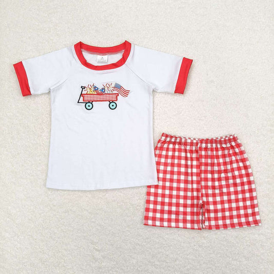 BSSO0618 4th of July Embroidered fireworks flag cart white short-sleeved red plaid shorts set