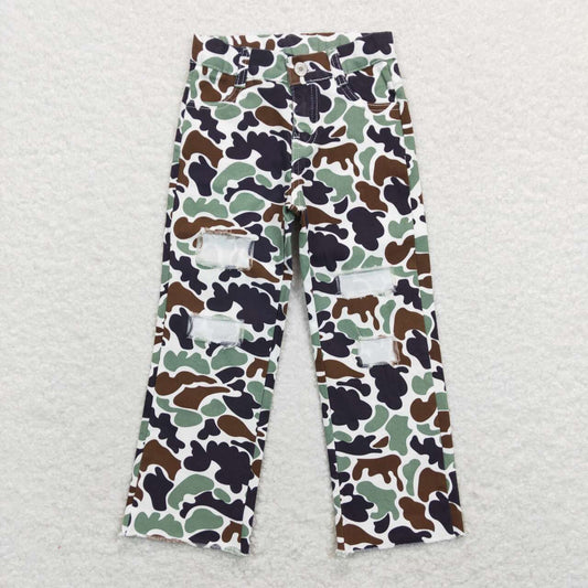 P0413 Brown green camouflage hole Denim trousers