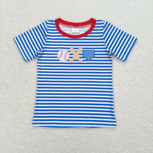 BT0657 Embroidered baseball blue and white striped short-sleeved top