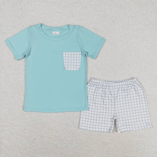 BSSO0799 Blue short-sleeved shorts with plaid pockets
