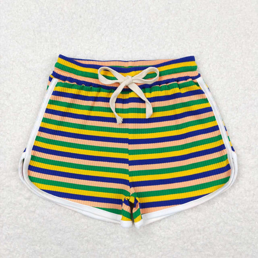 SS0339 Green yellow blue orange colored thick striped shorts