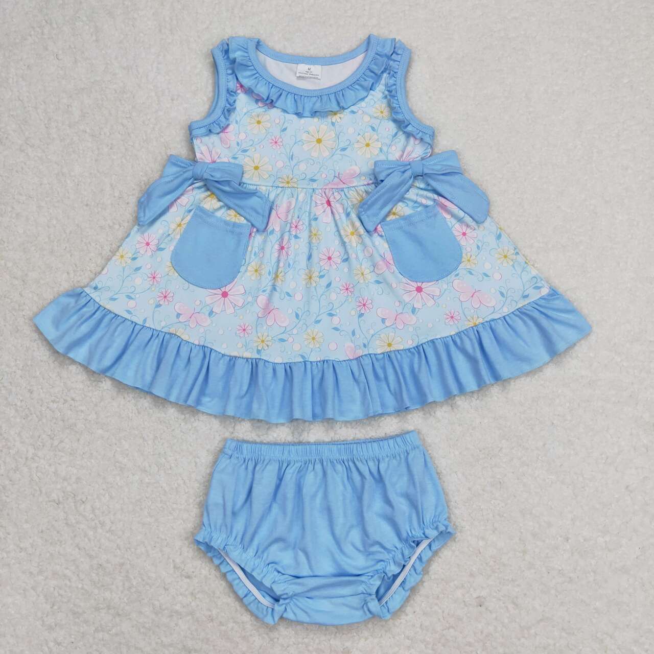 GBO0290 Flower blue Lace pocket bow sleeveless briefs set