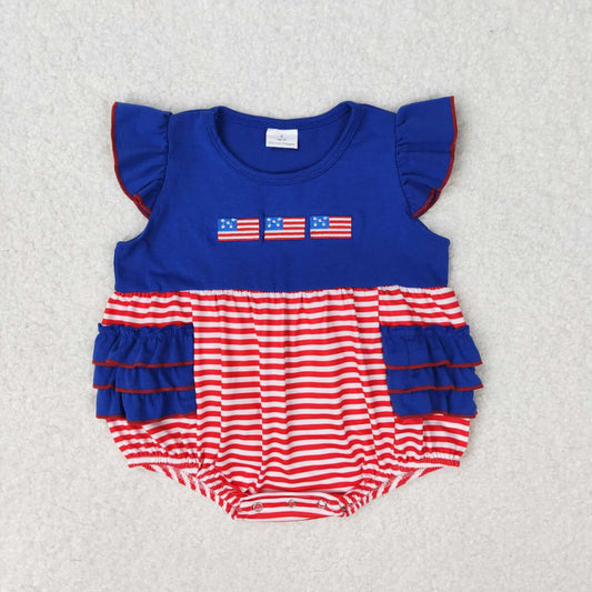 SR1211 4th of July Embroidered flag red and white stripes navy blue lace vest onesie