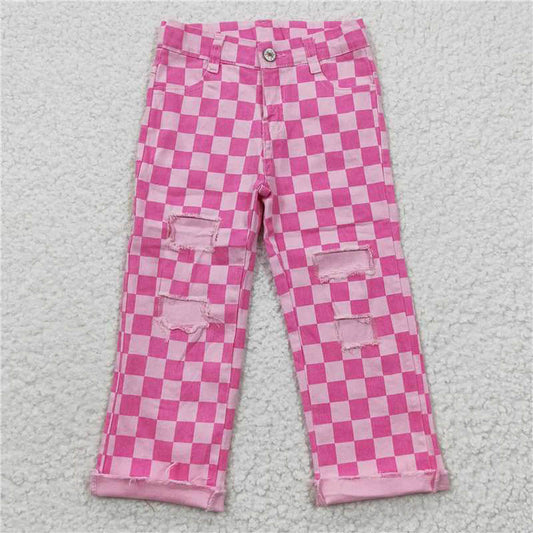 P0096 Plaid Ripped Jeans pink