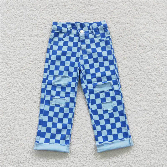 P0097 Blue checked ripped jeans