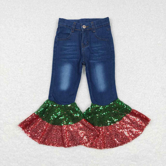 P0113 red green sequined denim trousers