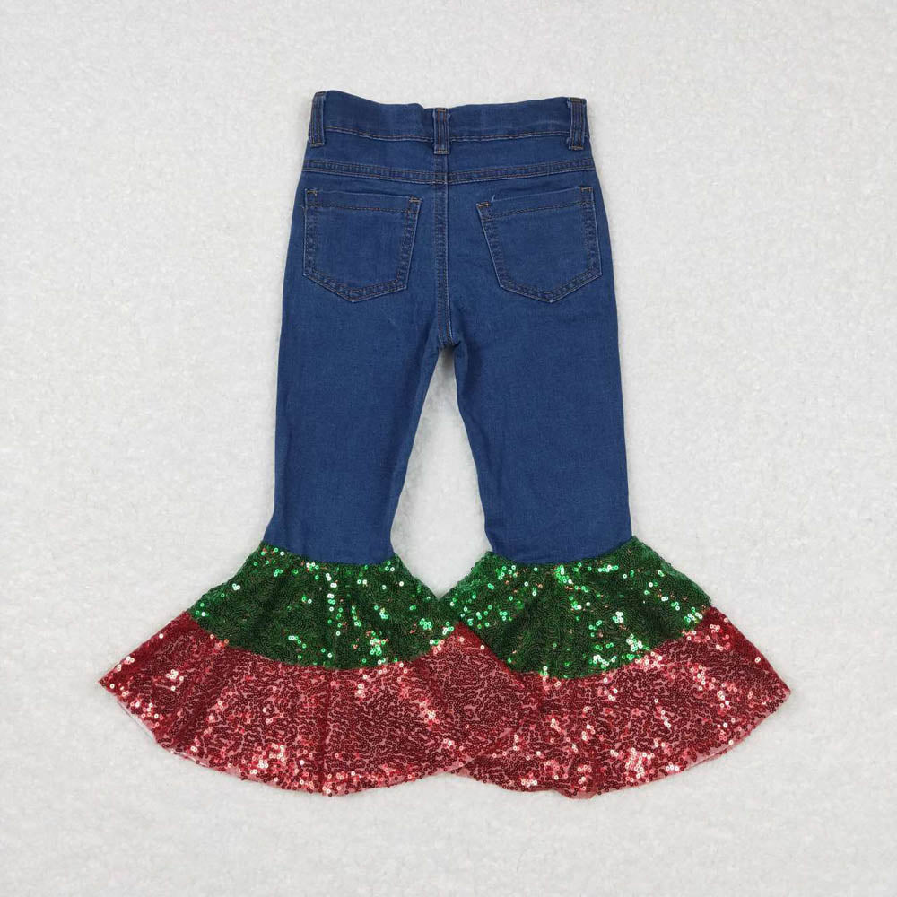 P0113 red green sequined denim trousers