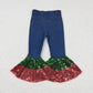 P0113 red green sequined denim trousers