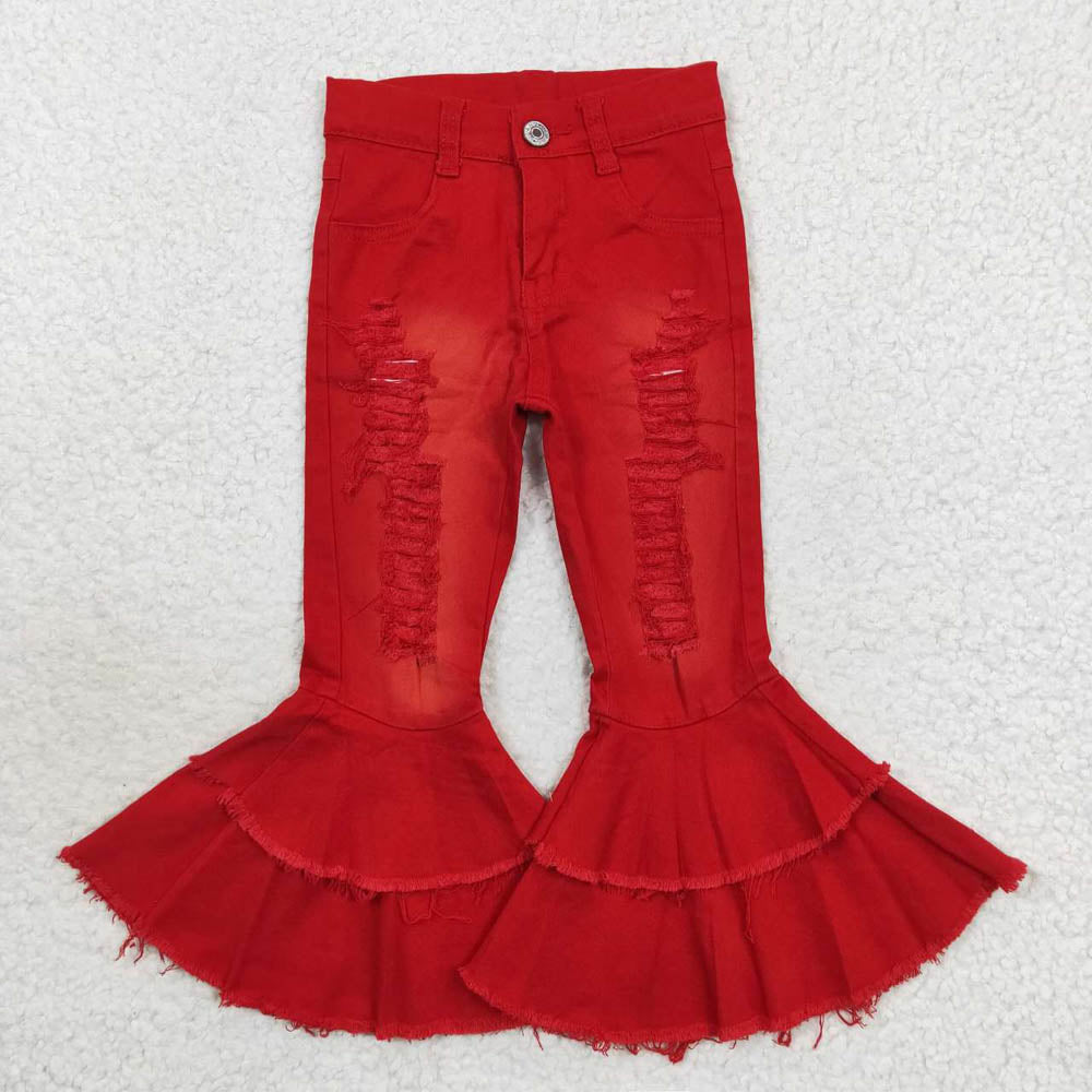 P0270 ripped red double-layer flared denim trousers