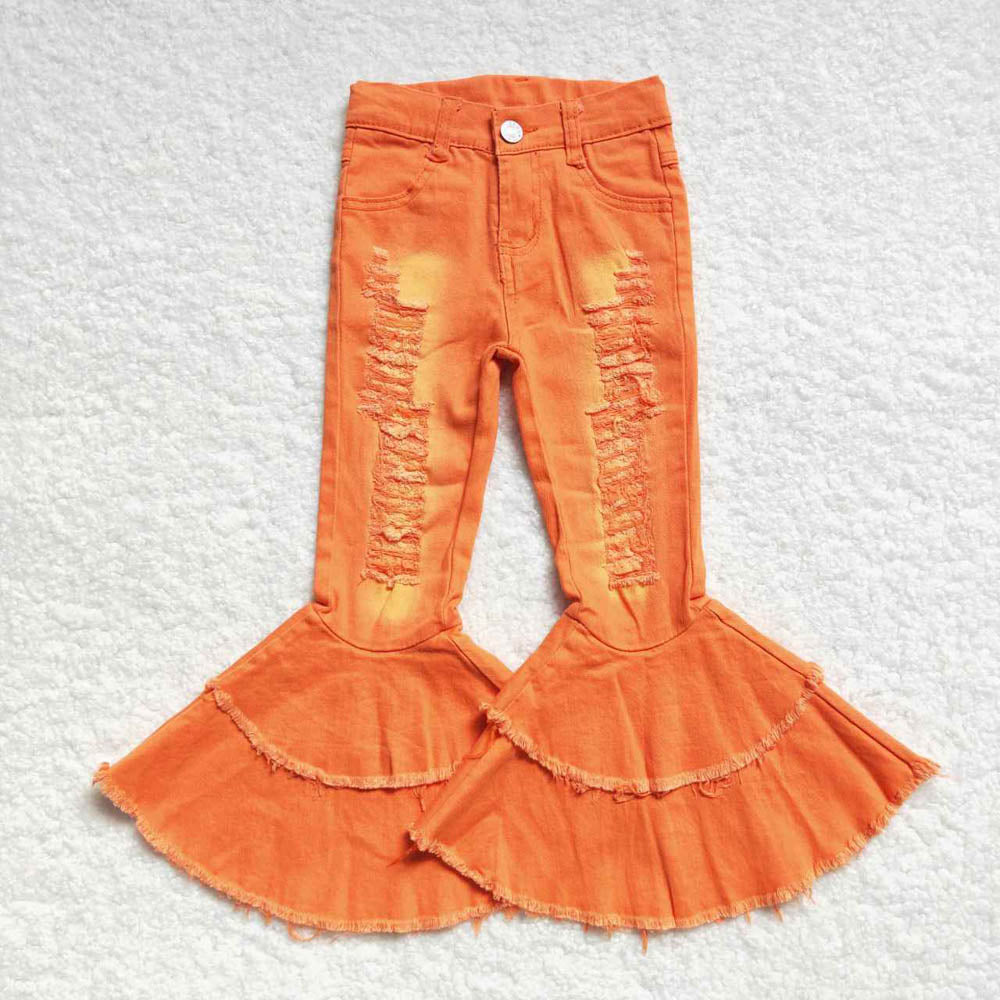 P0271 Distressed Orange Double Layer Flared Denim Pants