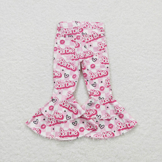 P0294 letter love pink and white plaid denim trousers