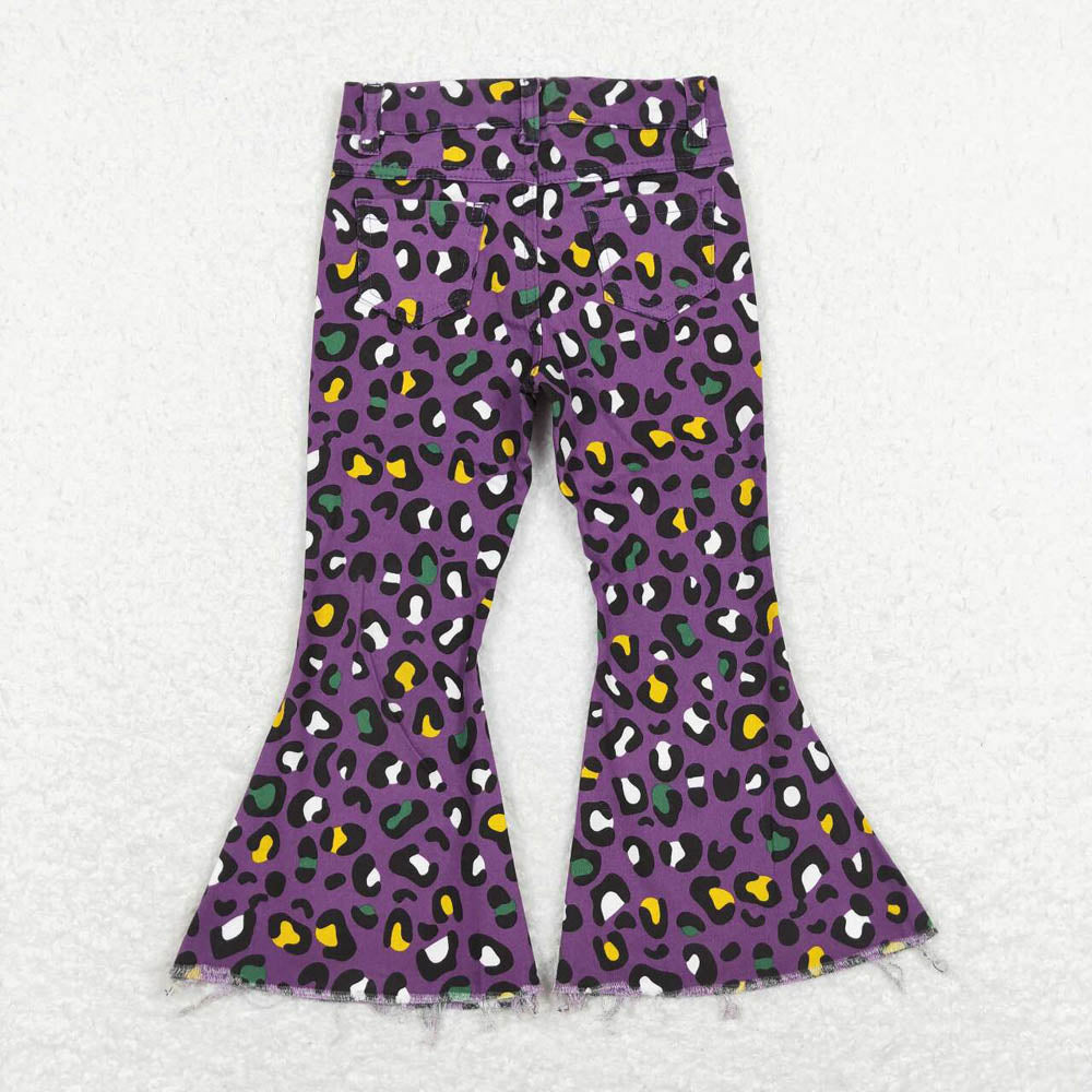 P0313 yellow-green leopard print purple denim trousers