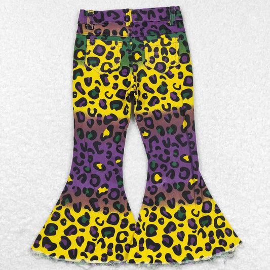 P0314 leopard print yellow green purple denim trousers