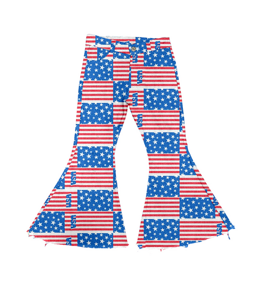 P0456Baby Girls 4th Of July Flags Red Blue Bell Flare Denim Pants preorder