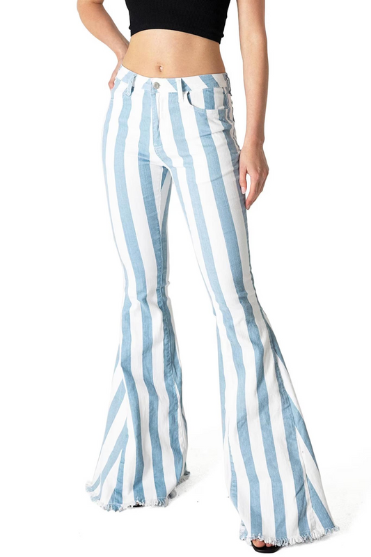 P0458Adult Women Blue Stripes Denim Bell Pants Jeans Preorder