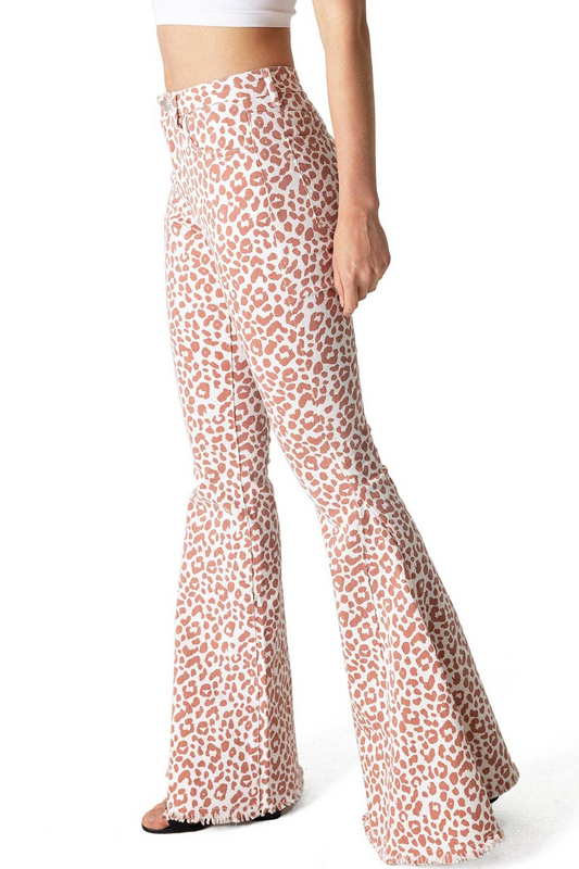 P0459Adult Women Pink Leopard Denim Bell Pants Jeans Preorder