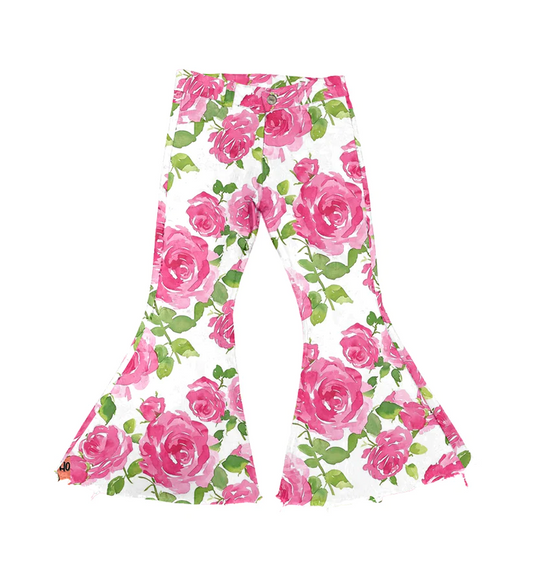 P0465Baby Girls Green Leaves Pink Flowers Bell Flare Denim Pants preorder