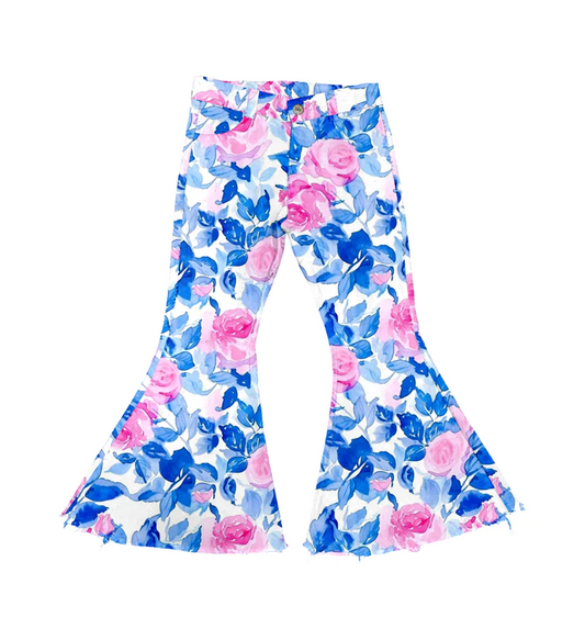 P0466Baby Girls Blue Leaves Pink Flowers Bell Flare Denim Pants preorder