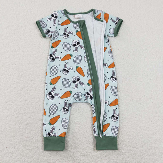 SR1014 Rabbit Easter Egg Carrot Green Zipper Short Sleeve Jumpsuit