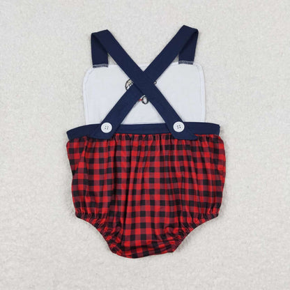 SR0753 Embroidered basketball baseball football cart navy blue border red and black checked vest onesie