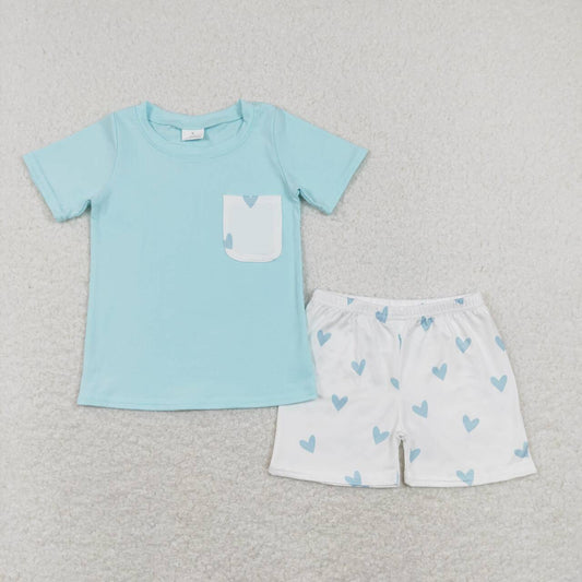 BSSO0413 Love pocket blue and white short-sleeved shorts set