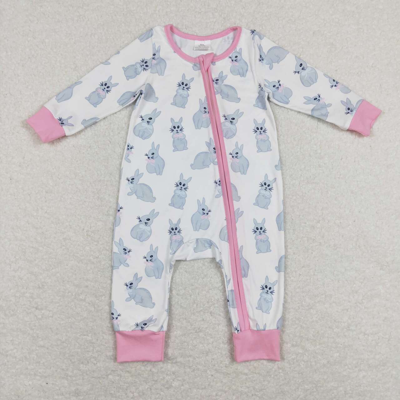 LR0836 Rabbit pink and white zip-up long-sleeved onesie