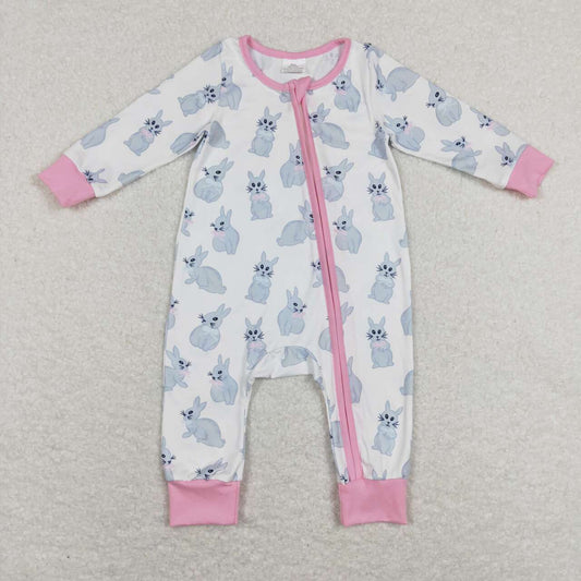 LR0836 Rabbit pink and white zip-up long-sleeved onesie