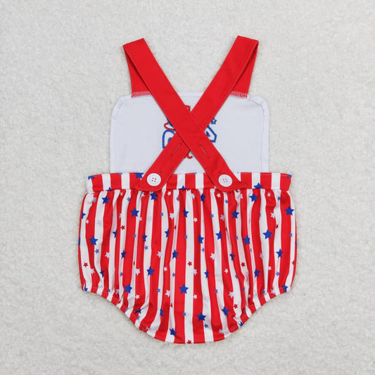 SR0810 4th of july Embroidered letter star hat Red and white striped vest onesie