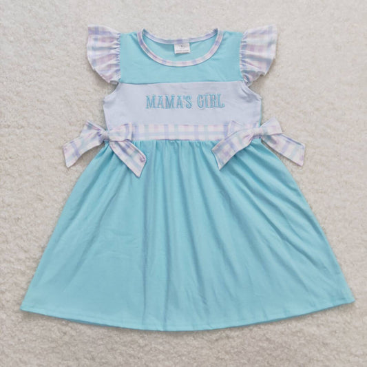 GSD0848 mama's gir Embroidered letter-colored plaid Lace with bow teal flying sleeve dress