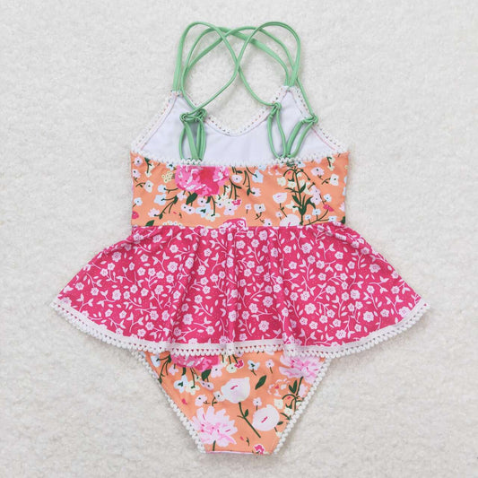 S0249 Floral floral lace pink orange halter one-piece swimsuit