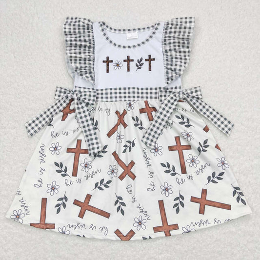 GSD0680 Embroidered Easter Cross Floral Plaid Bow Beige Short Sleeve Dress